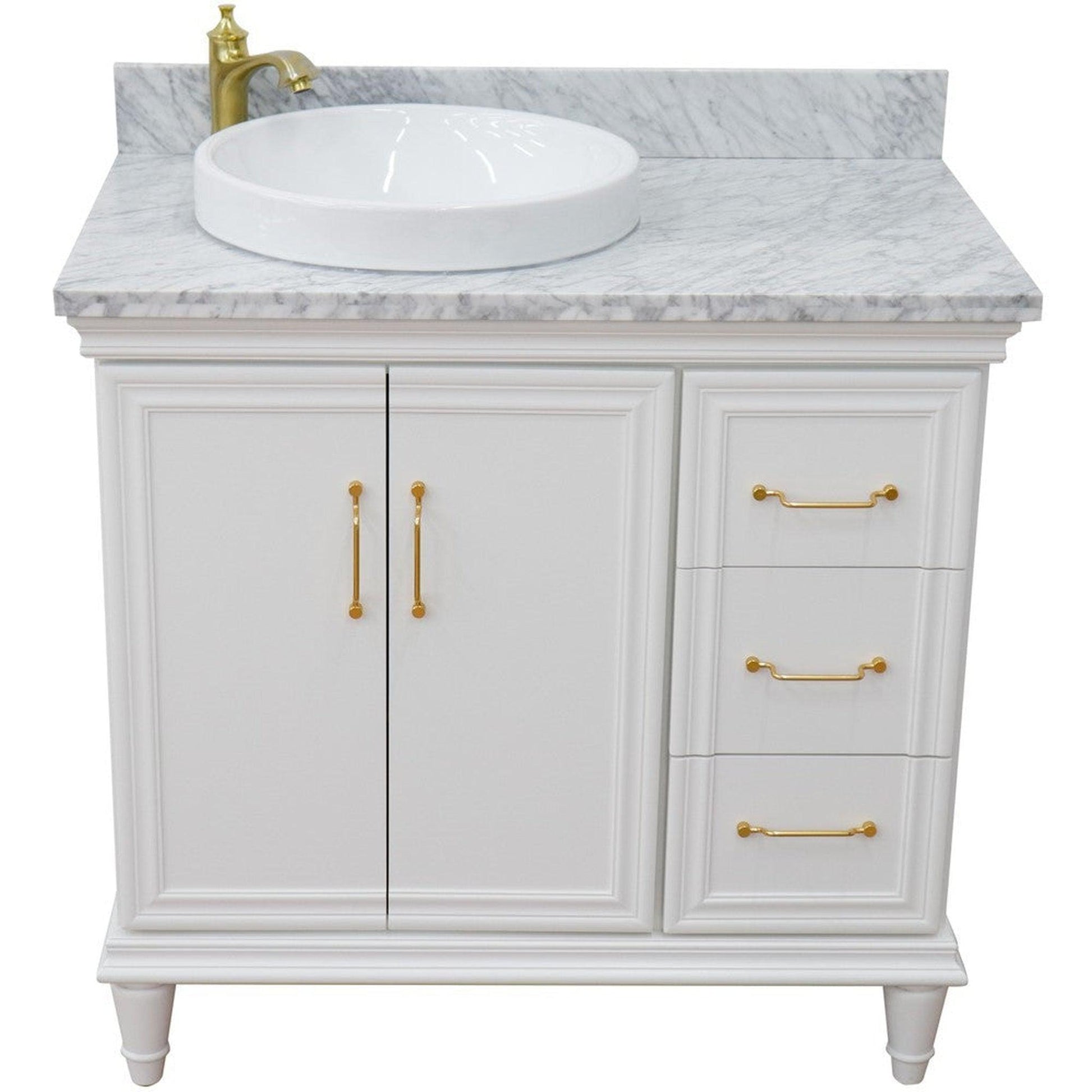 Bellaterra Home Forli 37" 2-Door 3-Drawer White Freestanding Vanity Set With Ceramic Left Offset Vessel Sink and White Carrara Marble Top, and Left Door Cabinet