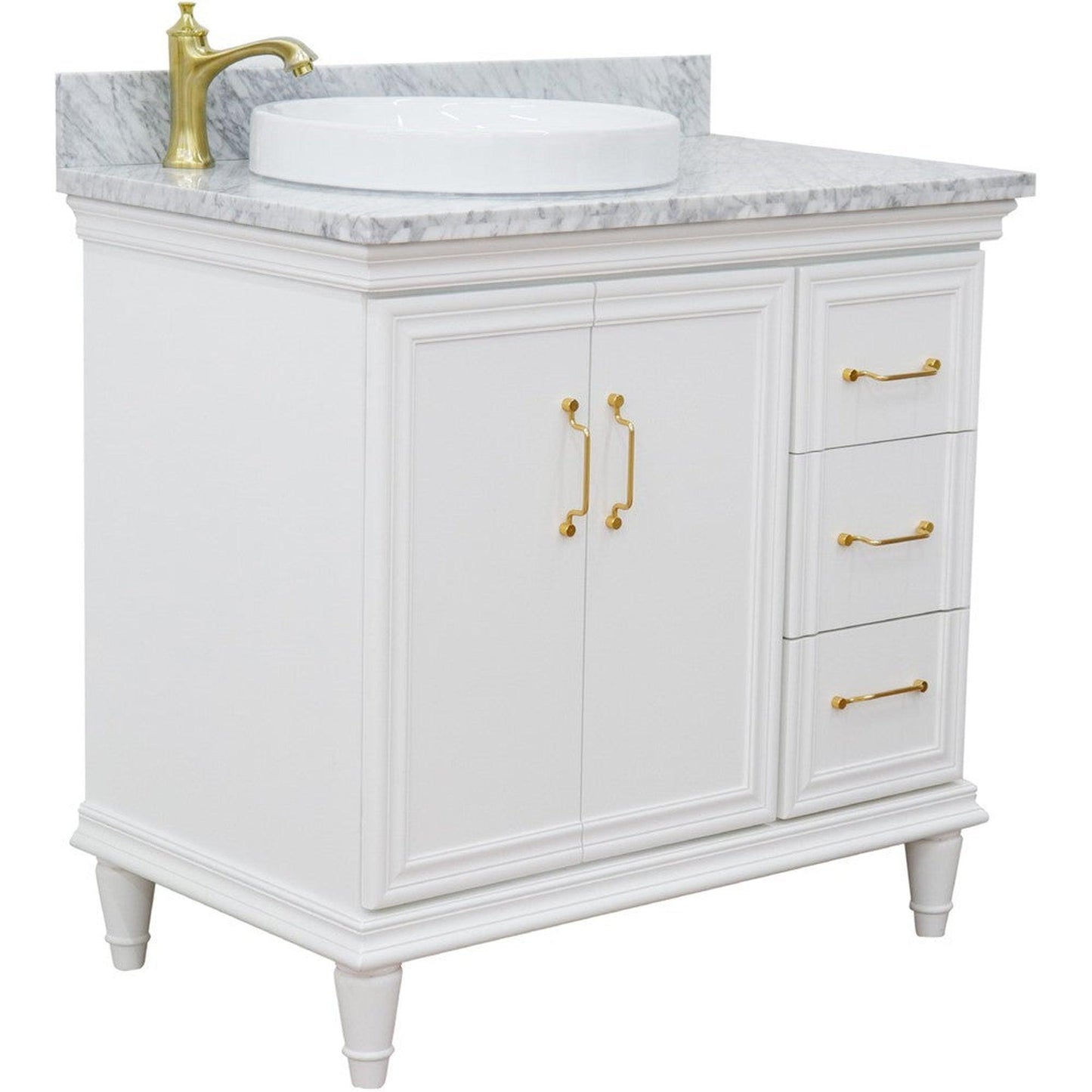 Bellaterra Home Forli 37" 2-Door 3-Drawer White Freestanding Vanity Set With Ceramic Left Offset Vessel Sink and White Carrara Marble Top, and Left Door Cabinet