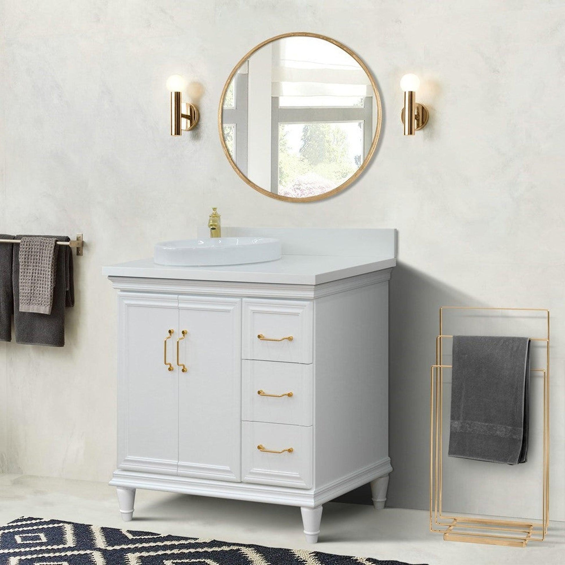 Bellaterra Home Forli 37" 2-Door 3-Drawer White Freestanding Vanity Set With Ceramic Left Offset Vessel Sink and White Quartz Top, and Left Door Cabinet