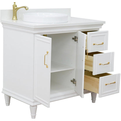 Bellaterra Home Forli 37" 2-Door 3-Drawer White Freestanding Vanity Set With Ceramic Left Offset Vessel Sink and White Quartz Top, and Left Door Cabinet