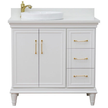 Bellaterra Home Forli 37" 2-Door 3-Drawer White Freestanding Vanity Set With Ceramic Left Offset Vessel Sink and White Quartz Top, and Left Door Cabinet