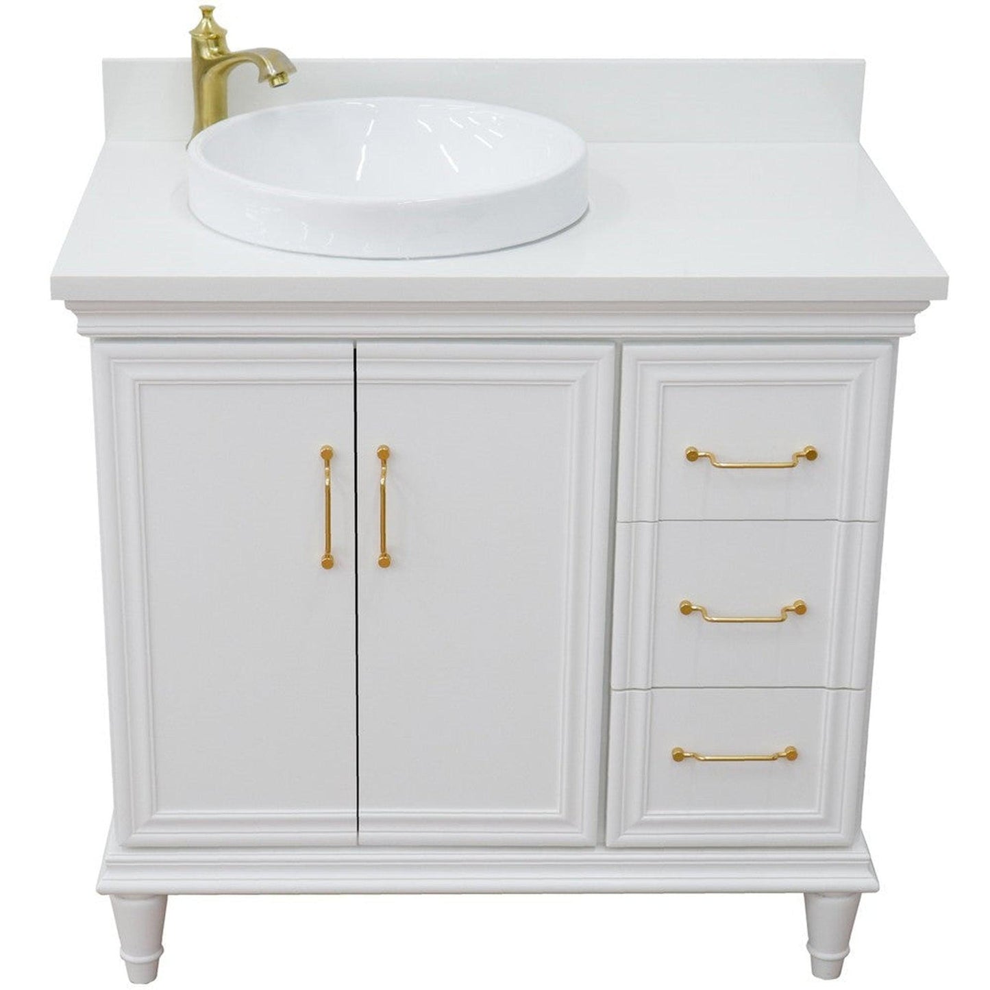 Bellaterra Home Forli 37" 2-Door 3-Drawer White Freestanding Vanity Set With Ceramic Left Offset Vessel Sink and White Quartz Top, and Left Door Cabinet