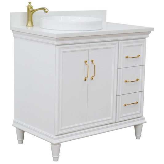 Bellaterra Home Forli 37" 2-Door 3-Drawer White Freestanding Vanity Set With Ceramic Left Offset Vessel Sink and White Quartz Top, and Left Door Cabinet