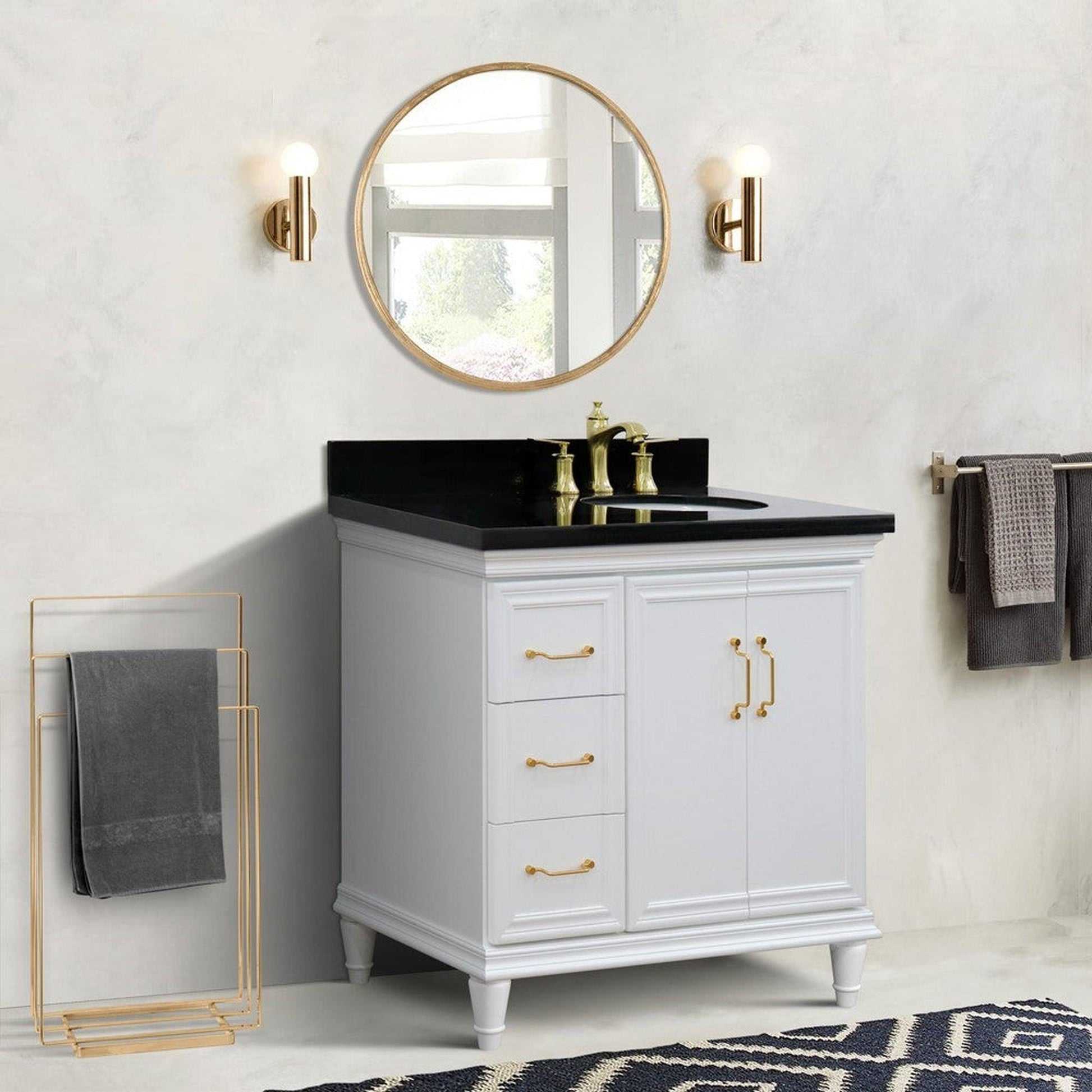 Bellaterra Home Forli 37" 2-Door 3-Drawer White Freestanding Vanity Set With Ceramic Right Offset Undermount Oval Sink and Black Galaxy Granite Top, and Right Door Cabinet