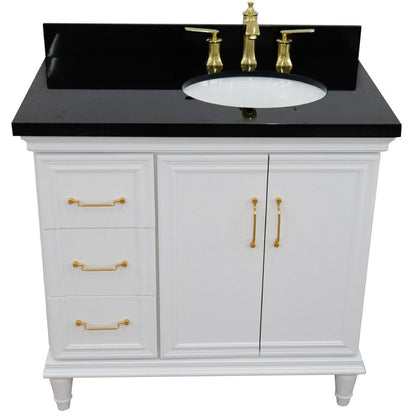 Bellaterra Home Forli 37" 2-Door 3-Drawer White Freestanding Vanity Set With Ceramic Right Offset Undermount Oval Sink and Black Galaxy Granite Top, and Right Door Cabinet