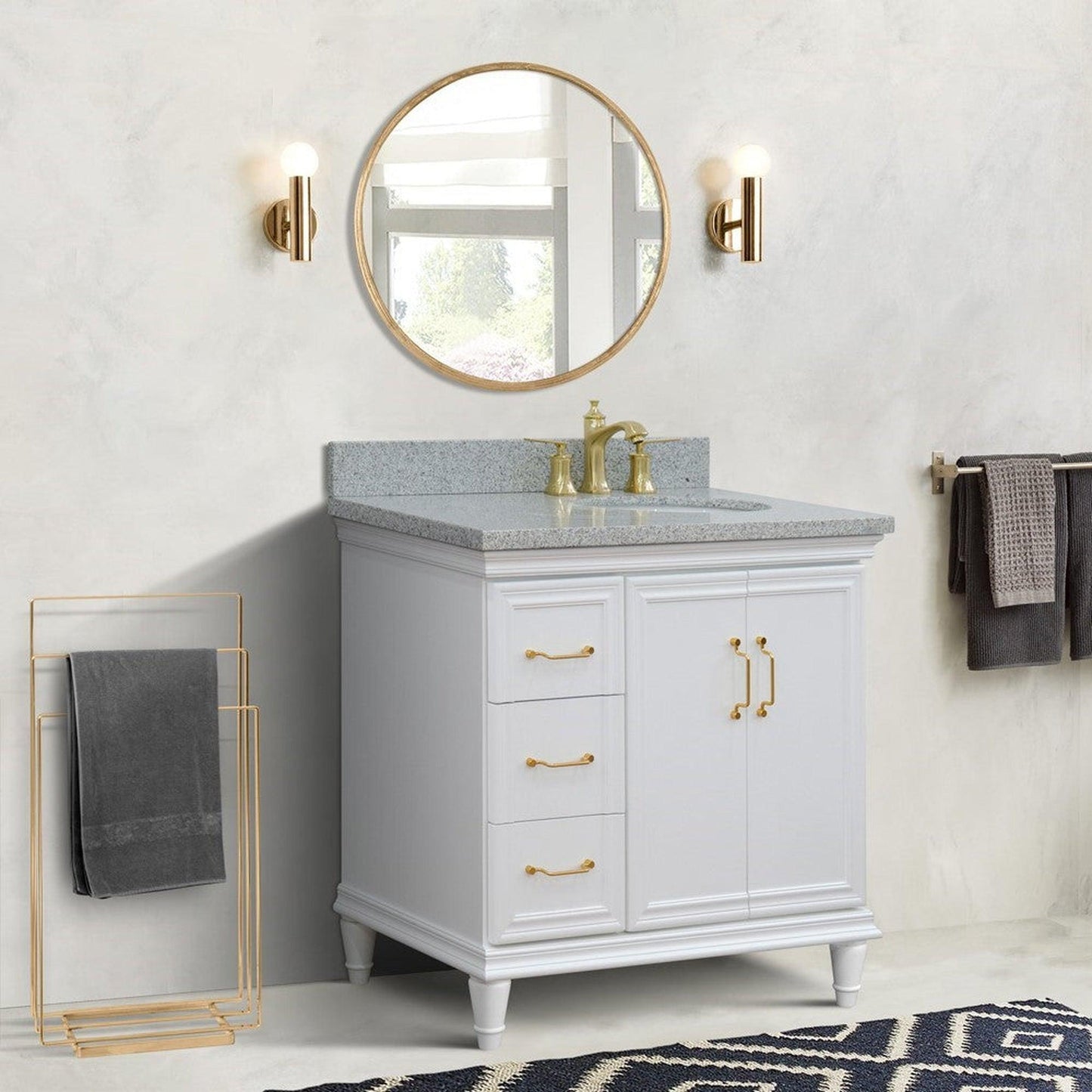 Bellaterra Home Forli 37" 2-Door 3-Drawer White Freestanding Vanity Set With Ceramic Right Offset Undermount Oval Sink and Gray Granite Top, and Right Door Cabinet