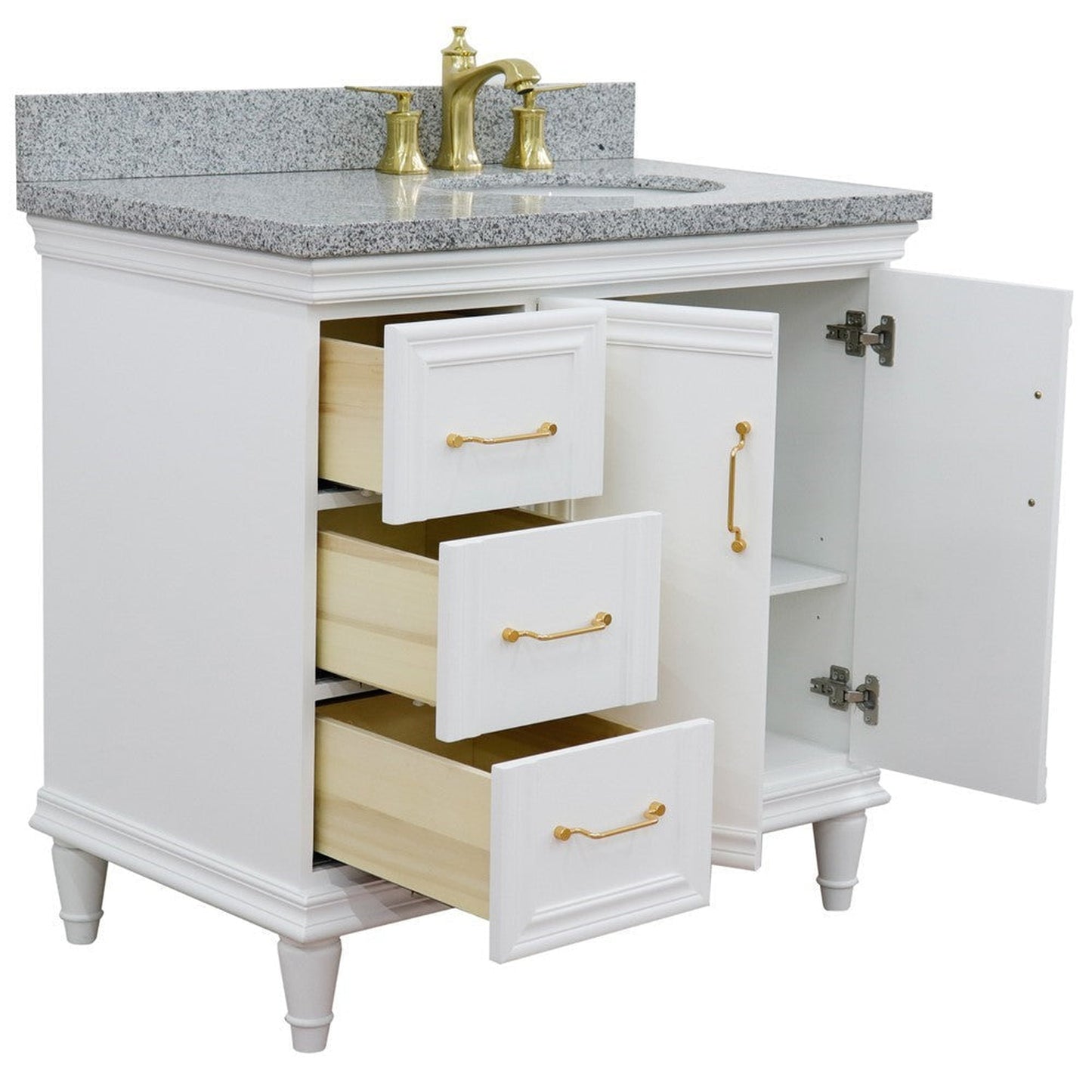 Bellaterra Home Forli 37" 2-Door 3-Drawer White Freestanding Vanity Set With Ceramic Right Offset Undermount Oval Sink and Gray Granite Top, and Right Door Cabinet