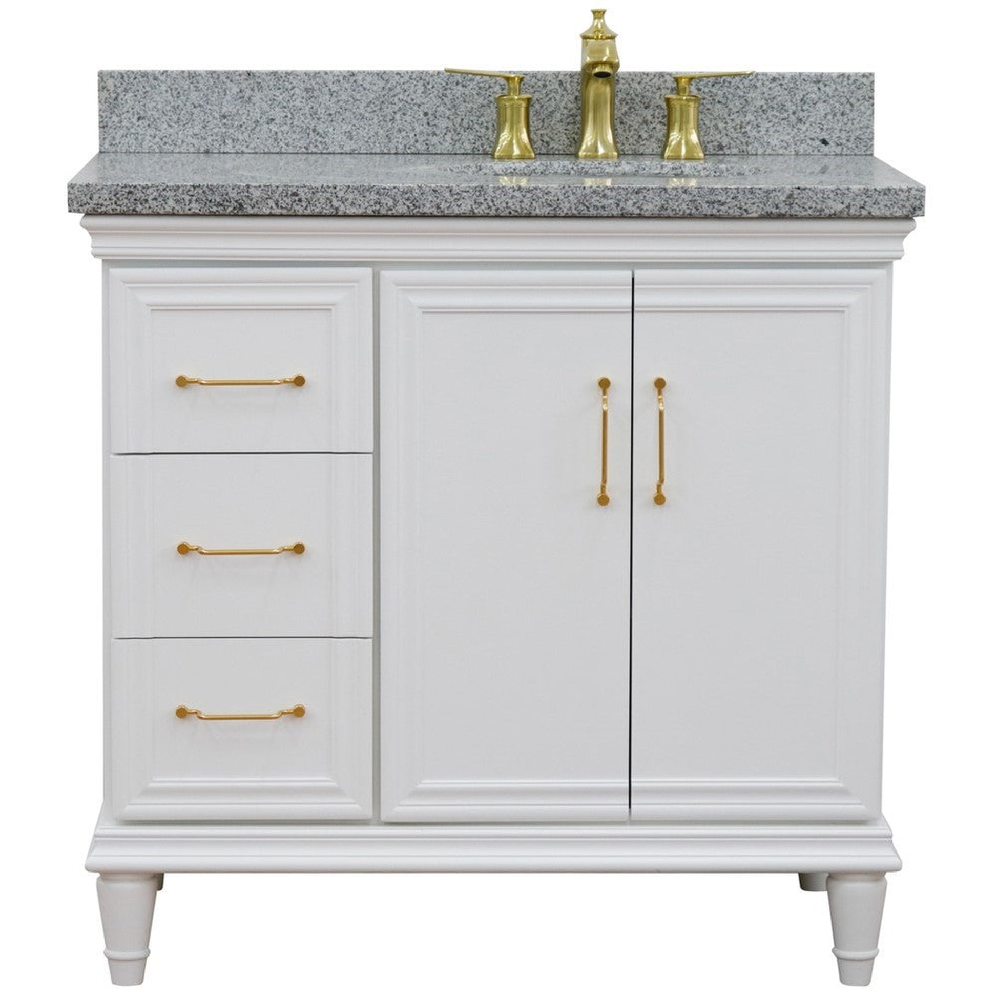 Bellaterra Home Forli 37" 2-Door 3-Drawer White Freestanding Vanity Set With Ceramic Right Offset Undermount Oval Sink and Gray Granite Top, and Right Door Cabinet