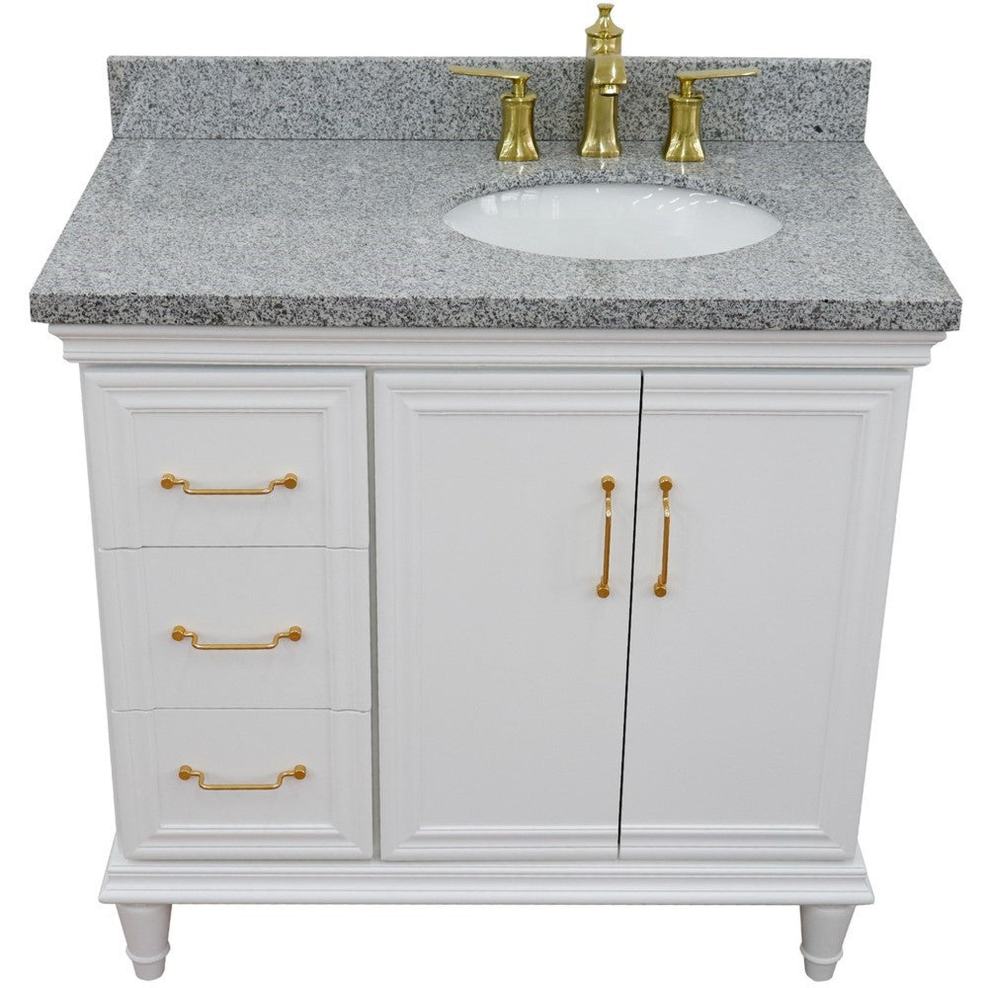 Bellaterra Home Forli 37" 2-Door 3-Drawer White Freestanding Vanity Set With Ceramic Right Offset Undermount Oval Sink and Gray Granite Top, and Right Door Cabinet