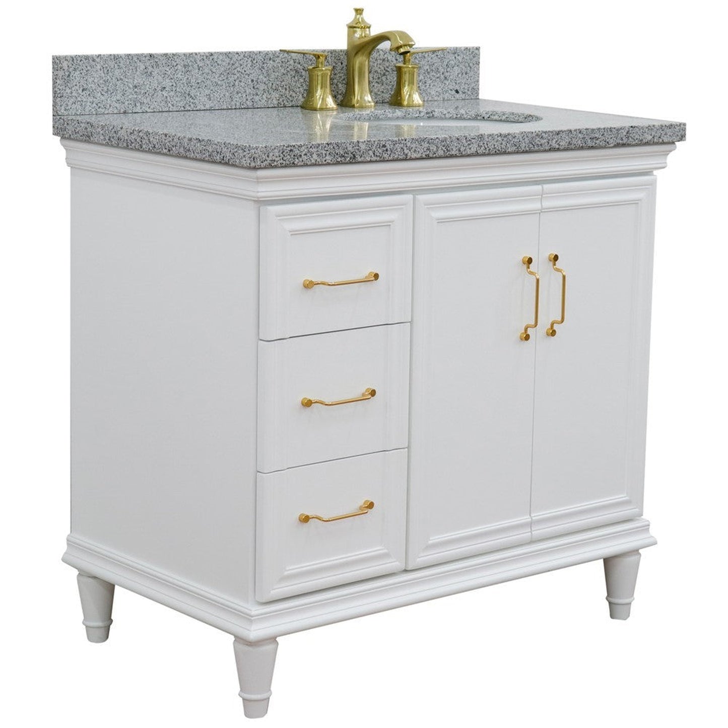 Bellaterra Home Forli 37" 2-Door 3-Drawer White Freestanding Vanity Set With Ceramic Right Offset Undermount Oval Sink and Gray Granite Top, and Right Door Cabinet