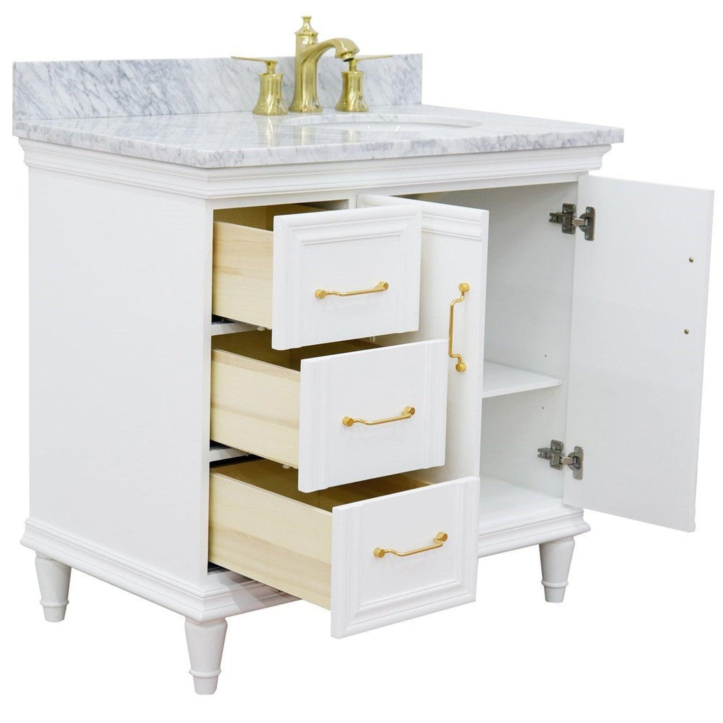 Bellaterra Home Forli 37" 2-Door 3-Drawer White Freestanding Vanity Set With Ceramic Right Offset Undermount Oval Sink and White Carrara Marble Top, and Right Door Cabinet