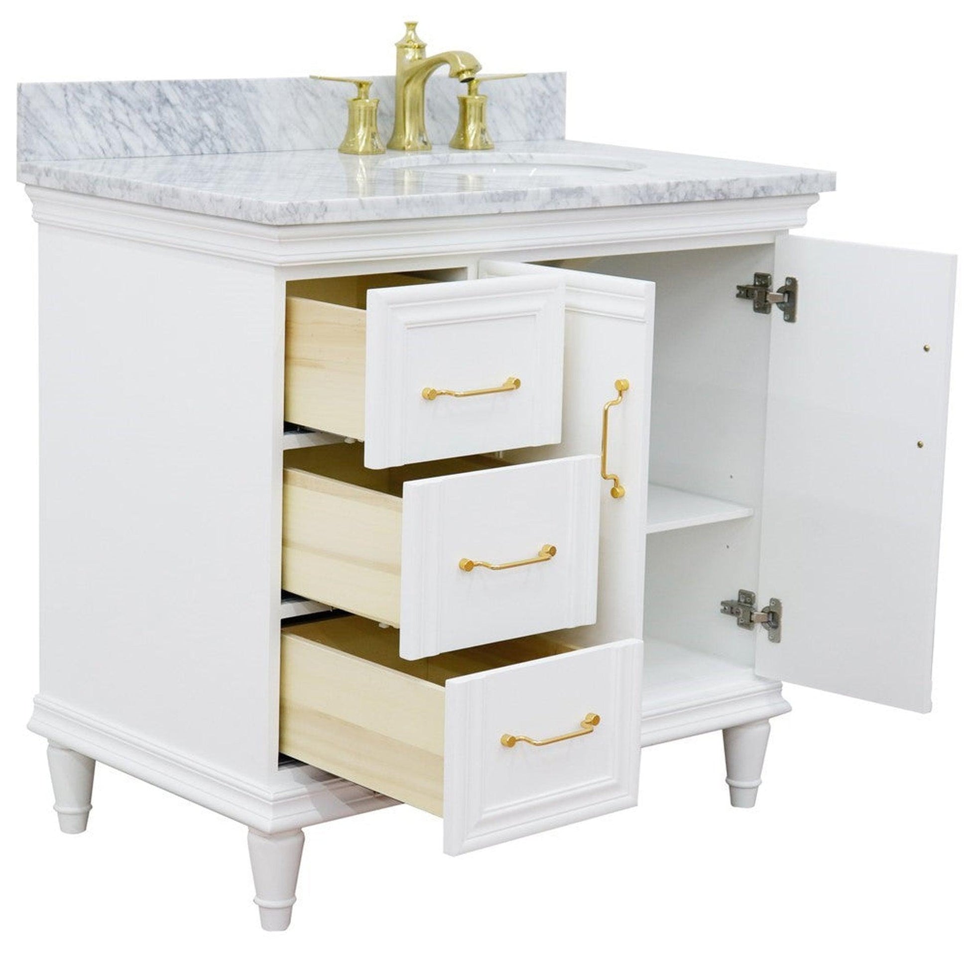 Bellaterra Home Forli 37" 2-Door 3-Drawer White Freestanding Vanity Set With Ceramic Right Offset Undermount Oval Sink and White Carrara Marble Top, and Right Door Cabinet