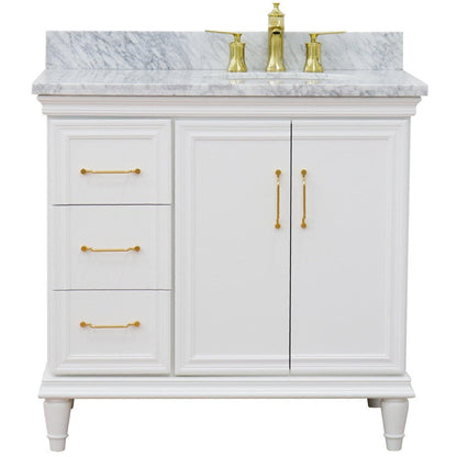 Bellaterra Home Forli 37" 2-Door 3-Drawer White Freestanding Vanity Set With Ceramic Right Offset Undermount Oval Sink and White Carrara Marble Top, and Right Door Cabinet