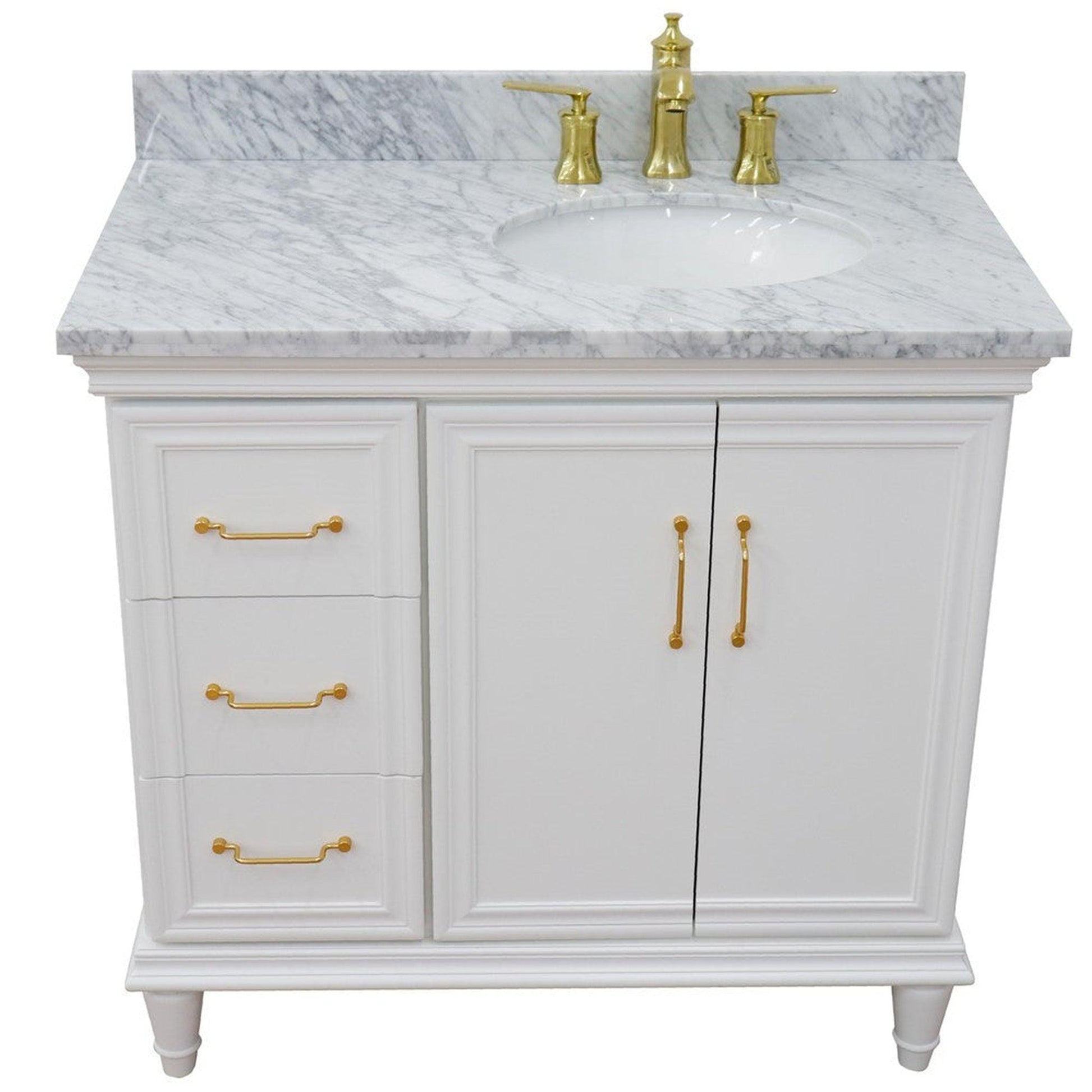 Bellaterra Home Forli 37" 2-Door 3-Drawer White Freestanding Vanity Set With Ceramic Right Offset Undermount Oval Sink and White Carrara Marble Top, and Right Door Cabinet