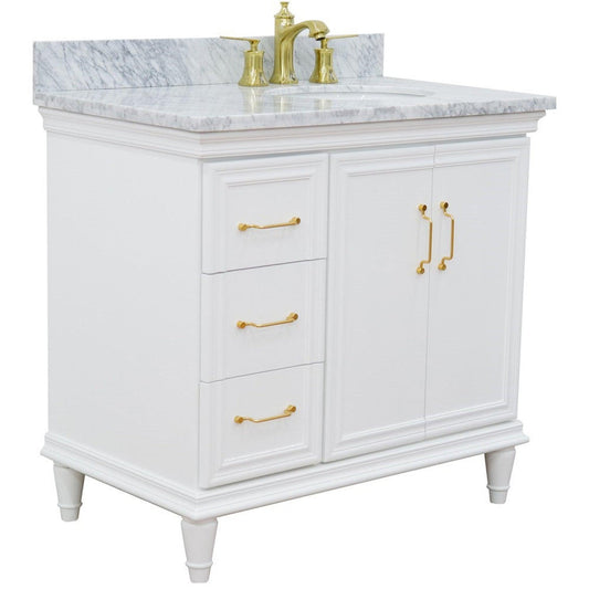 Bellaterra Home Forli 37" 2-Door 3-Drawer White Freestanding Vanity Set With Ceramic Right Offset Undermount Oval Sink and White Carrara Marble Top, and Right Door Cabinet