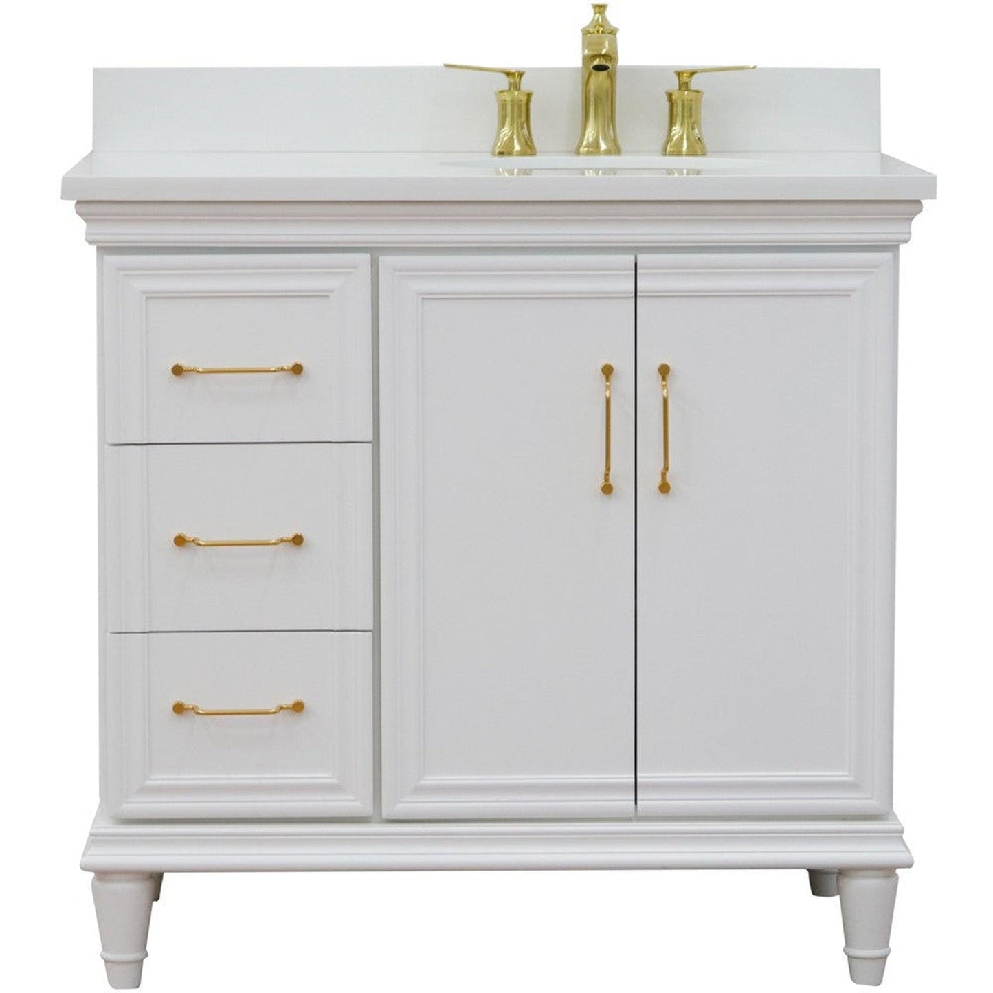 Bellaterra Home Forli 37" 2-Door 3-Drawer White Freestanding Vanity Set With Ceramic Right Offset Undermount Oval Sink and White Quartz Top, and Right Door Cabinet