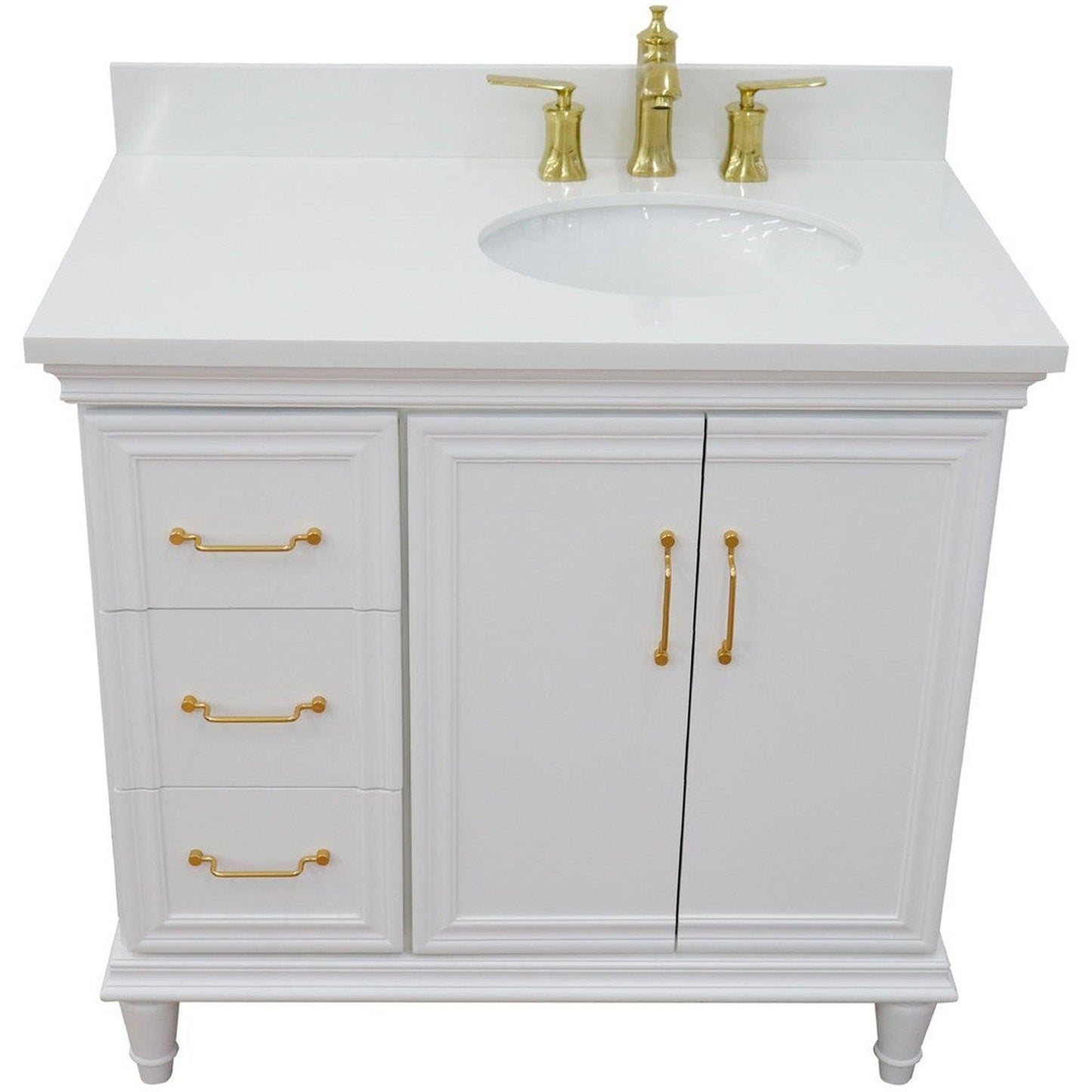 Bellaterra Home Forli 37" 2-Door 3-Drawer White Freestanding Vanity Set With Ceramic Right Offset Undermount Oval Sink and White Quartz Top, and Right Door Cabinet