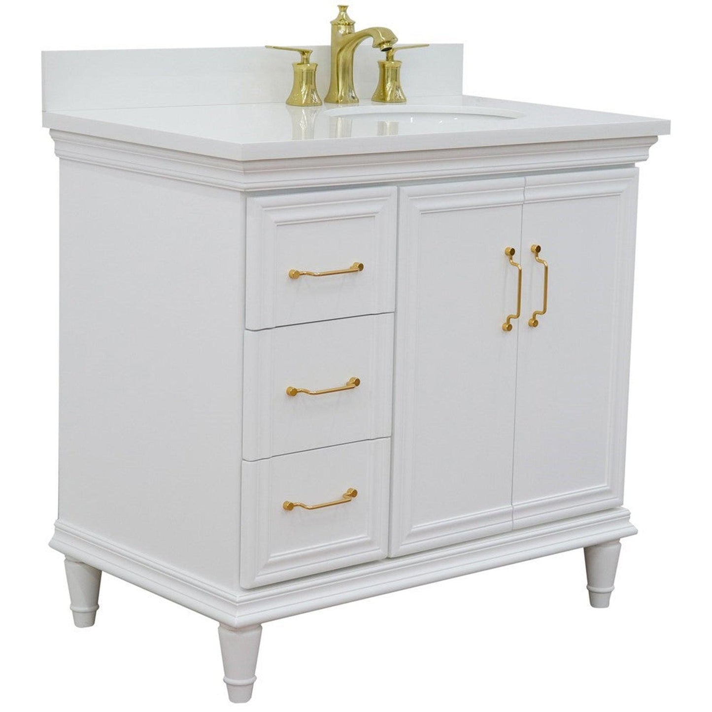 Bellaterra Home Forli 37" 2-Door 3-Drawer White Freestanding Vanity Set With Ceramic Right Offset Undermount Oval Sink and White Quartz Top, and Right Door Cabinet