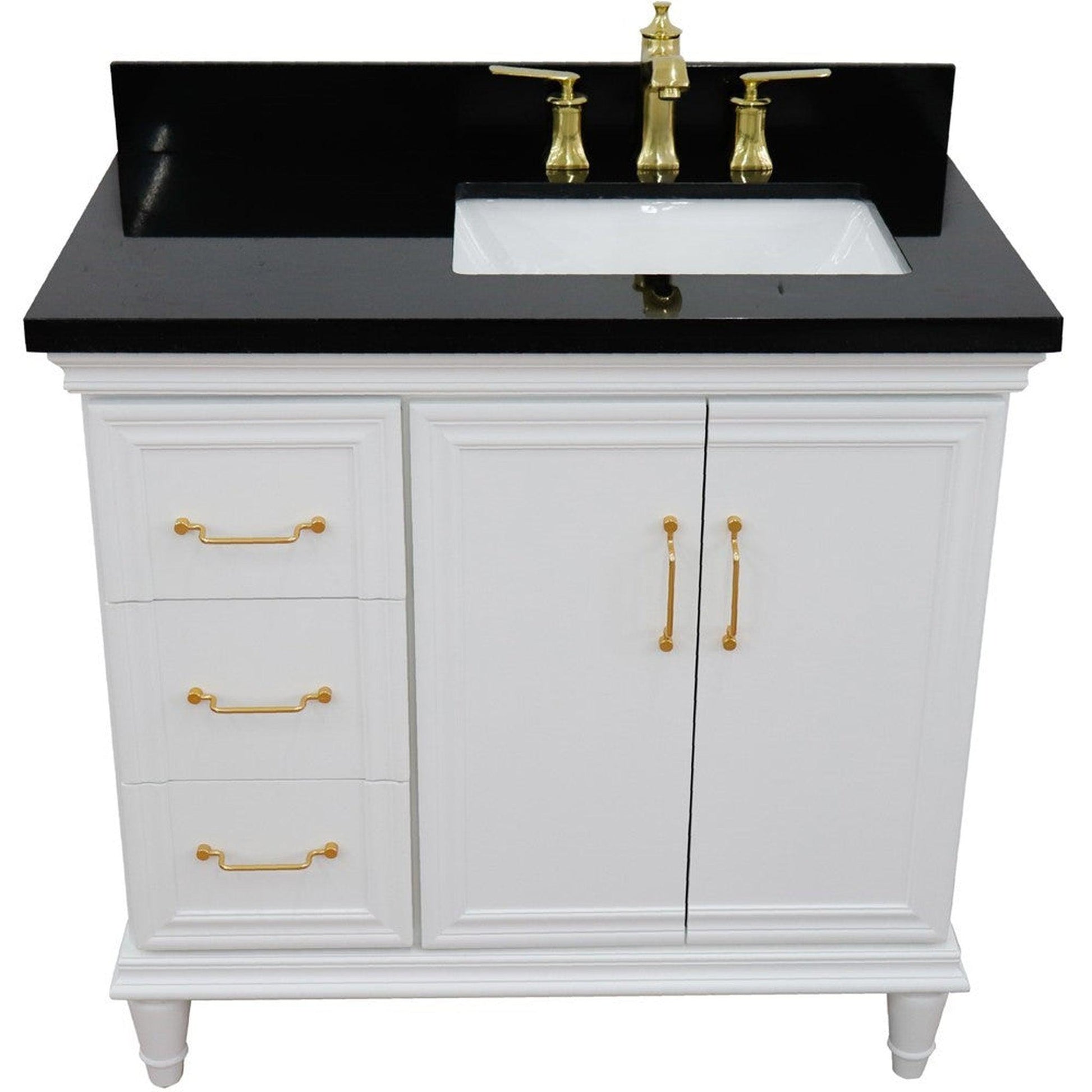 Bellaterra Home Forli 37" 2-Door 3-Drawer White Freestanding Vanity Set With Ceramic Right Offset Undermount Rectangular Sink and Black Galaxy Granite Top, and Right Door Cabinet