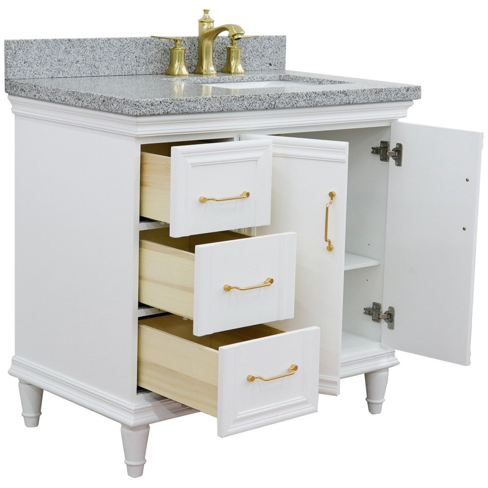 Bellaterra Home Forli 37" 2-Door 3-Drawer White Freestanding Vanity Set With Ceramic Right Offset Undermount Rectangular Sink and Gray Granite Top, and Right Door Cabinet