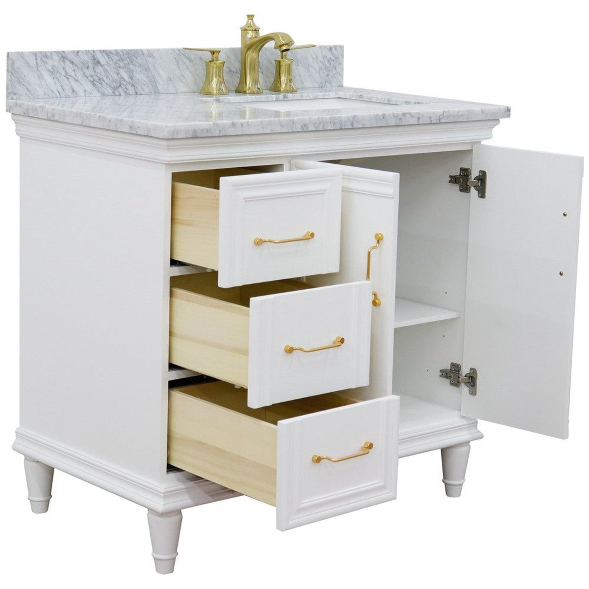 Bellaterra Home Forli 37" 2-Door 3-Drawer White Freestanding Vanity Set With Ceramic Right Offset Undermount Rectangular Sink and White Carrara Marble Top, and Right Door Cabinet