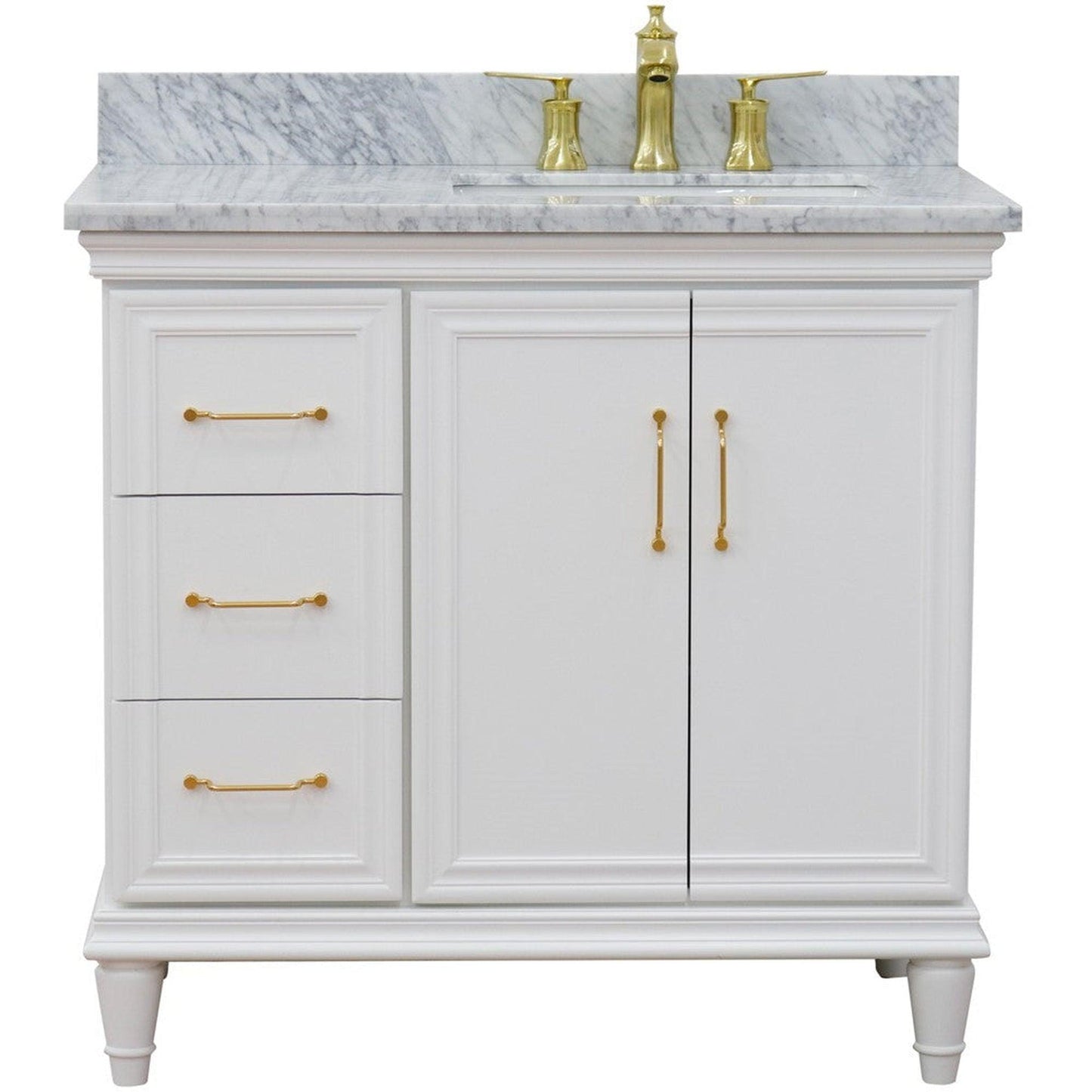 Bellaterra Home Forli 37" 2-Door 3-Drawer White Freestanding Vanity Set With Ceramic Right Offset Undermount Rectangular Sink and White Carrara Marble Top, and Right Door Cabinet