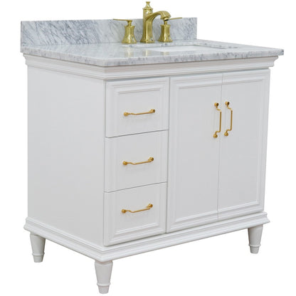 Bellaterra Home Forli 37" 2-Door 3-Drawer White Freestanding Vanity Set With Ceramic Right Offset Undermount Rectangular Sink and White Carrara Marble Top, and Right Door Cabinet