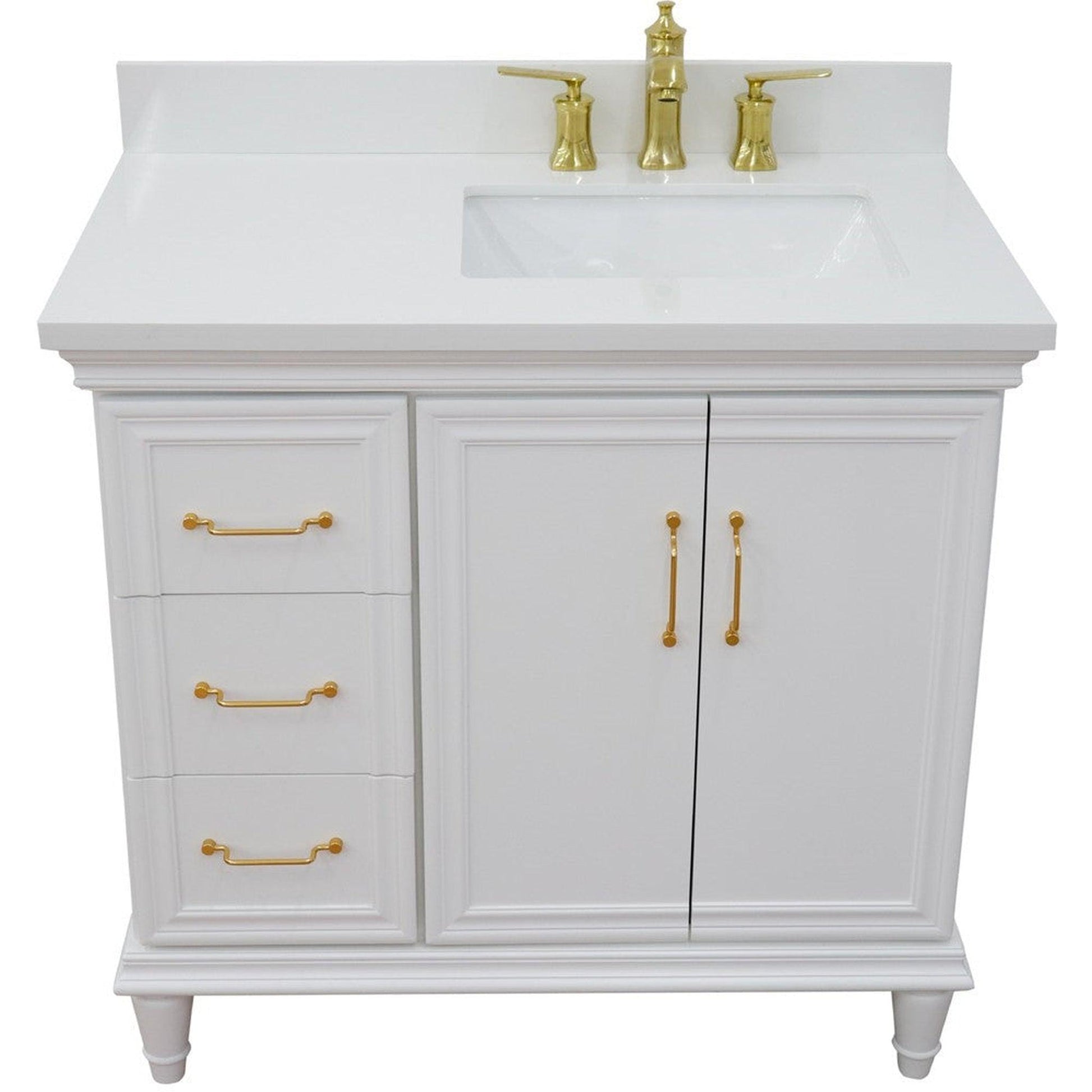 Bellaterra Home Forli 37" 2-Door 3-Drawer White Freestanding Vanity Set With Ceramic Right Offset Undermount Rectangular Sink and White Quartz Top, and Right Door Cabinet