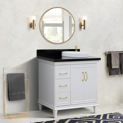 Bellaterra Home Forli 37" 2-Door 3-Drawer White Freestanding Vanity Set With Ceramic Right Offset Vessel Sink and Black Galaxy Granite Top, and Right Door Cabinet