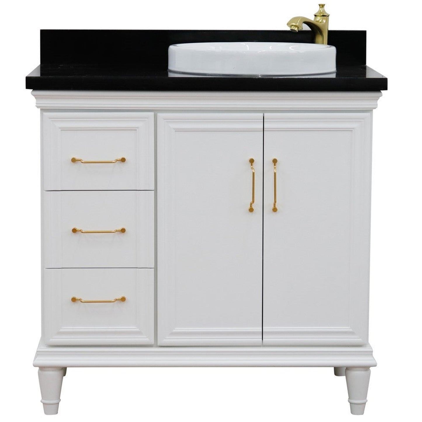 Bellaterra Home Forli 37" 2-Door 3-Drawer White Freestanding Vanity Set With Ceramic Right Offset Vessel Sink and Black Galaxy Granite Top, and Right Door Cabinet