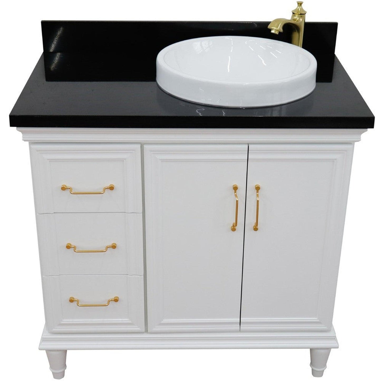 Bellaterra Home Forli 37" 2-Door 3-Drawer White Freestanding Vanity Set With Ceramic Right Offset Vessel Sink and Black Galaxy Granite Top, and Right Door Cabinet