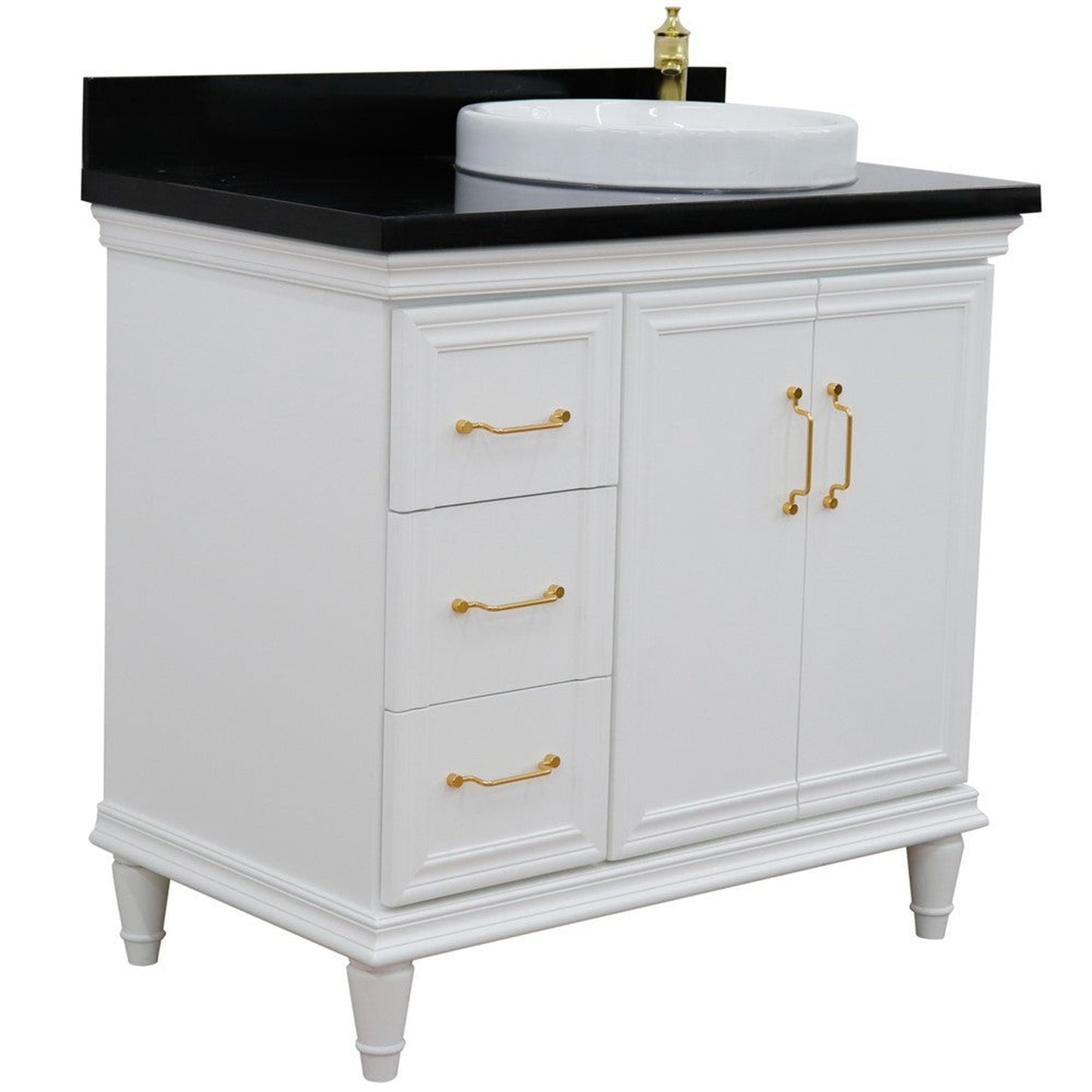 Bellaterra Home Forli 37" 2-Door 3-Drawer White Freestanding Vanity Set With Ceramic Right Offset Vessel Sink and Black Galaxy Granite Top, and Right Door Cabinet