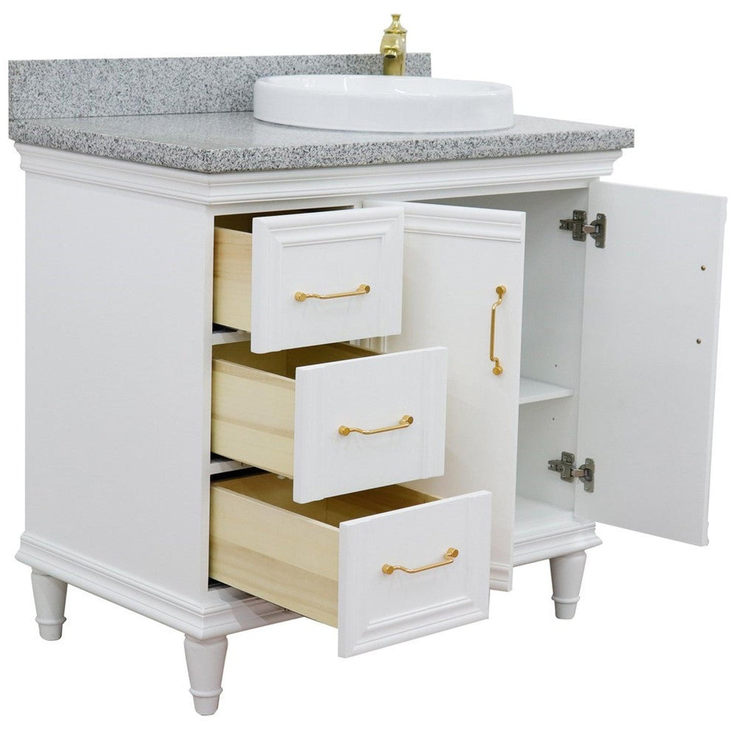 Bellaterra Home Forli 37" 2-Door 3-Drawer White Freestanding Vanity Set With Ceramic Right Offset Vessel Sink and Gray Granite Top, and Right Door Cabinet