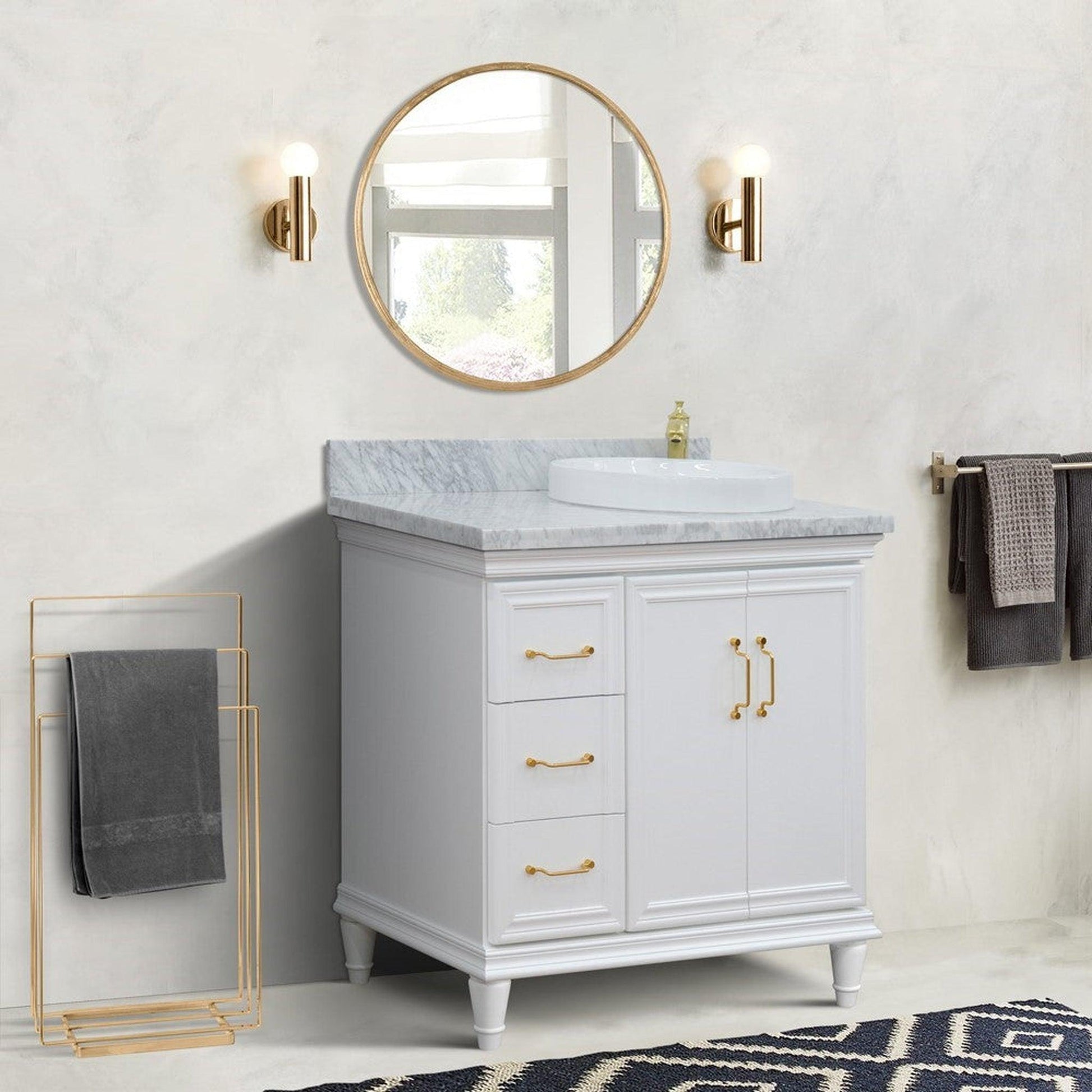 Bellaterra Home Forli 37" 2-Door 3-Drawer White Freestanding Vanity Set With Ceramic Right Offset Vessel Sink and White Carrara Marble Top, and Right Door Cabinet