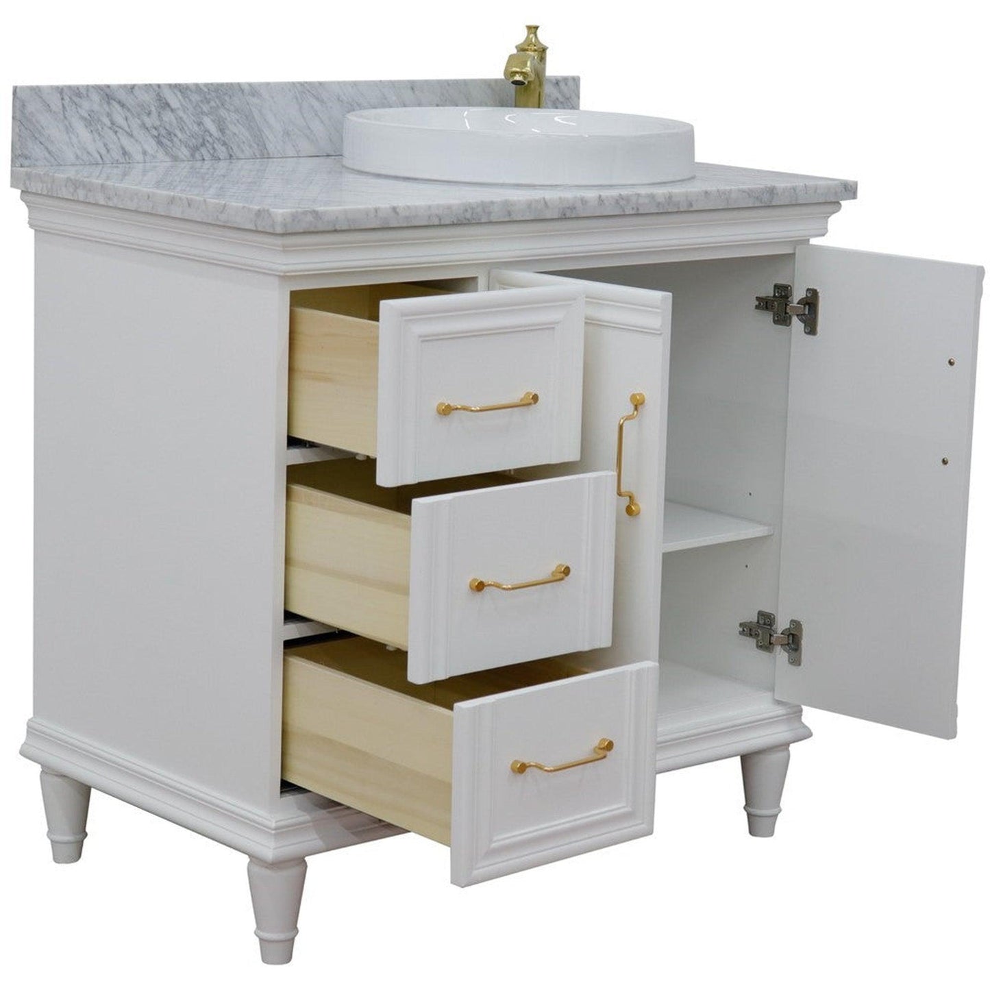Bellaterra Home Forli 37" 2-Door 3-Drawer White Freestanding Vanity Set With Ceramic Right Offset Vessel Sink and White Carrara Marble Top, and Right Door Cabinet