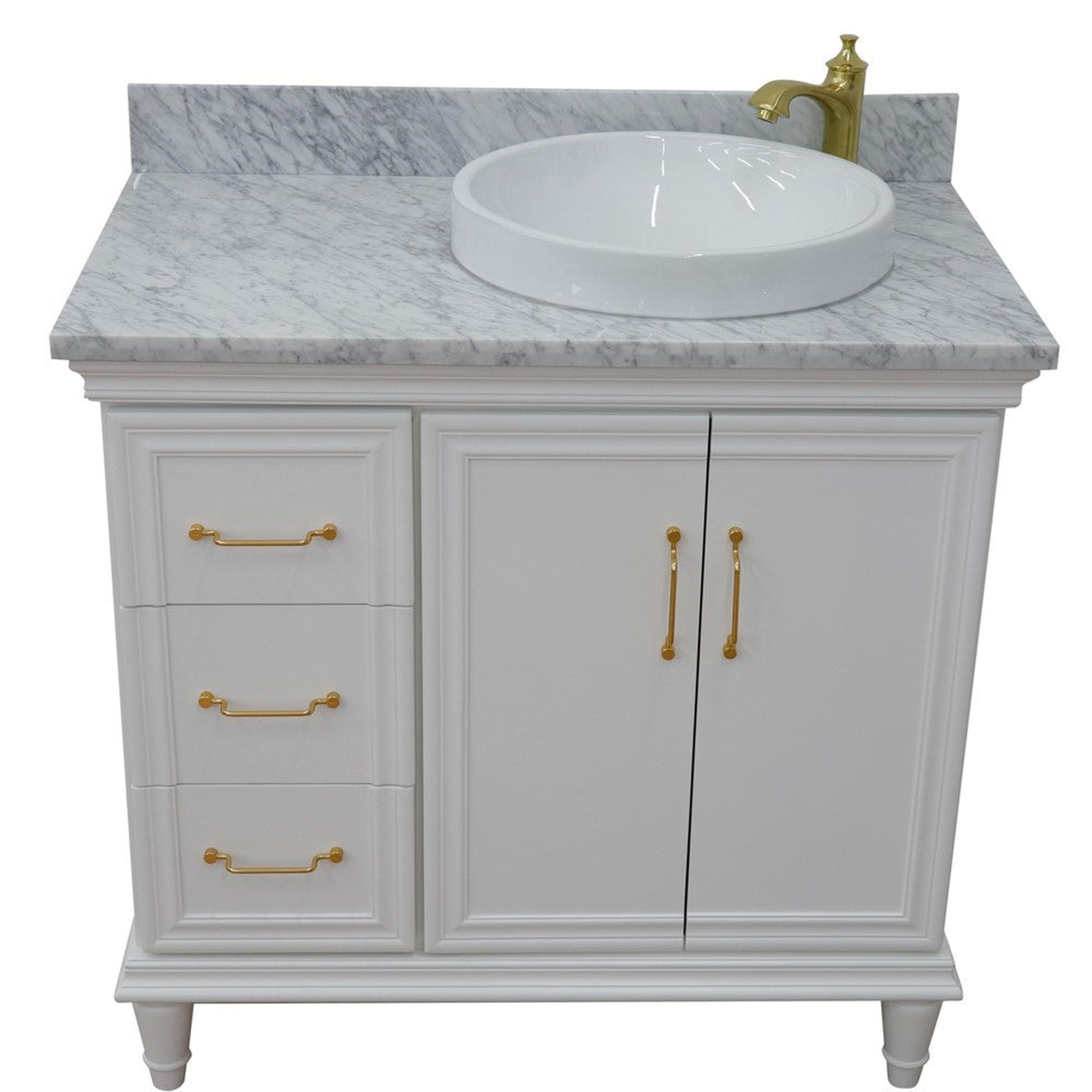 Bellaterra Home Forli 37" 2-Door 3-Drawer White Freestanding Vanity Set With Ceramic Right Offset Vessel Sink and White Carrara Marble Top, and Right Door Cabinet