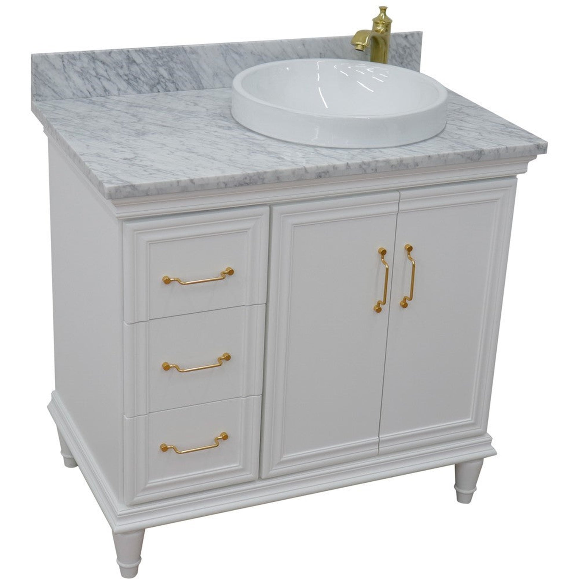 Bellaterra Home Forli 37" 2-Door 3-Drawer White Freestanding Vanity Set With Ceramic Right Offset Vessel Sink and White Carrara Marble Top, and Right Door Cabinet