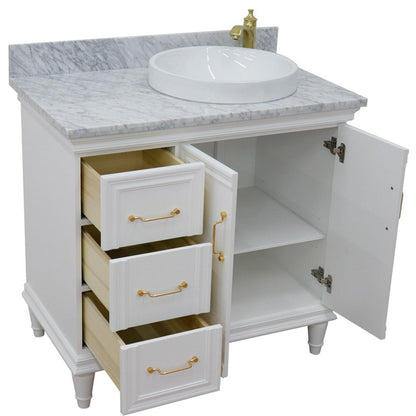 Bellaterra Home Forli 37" 2-Door 3-Drawer White Freestanding Vanity Set With Ceramic Right Offset Vessel Sink and White Carrara Marble Top, and Right Door Cabinet