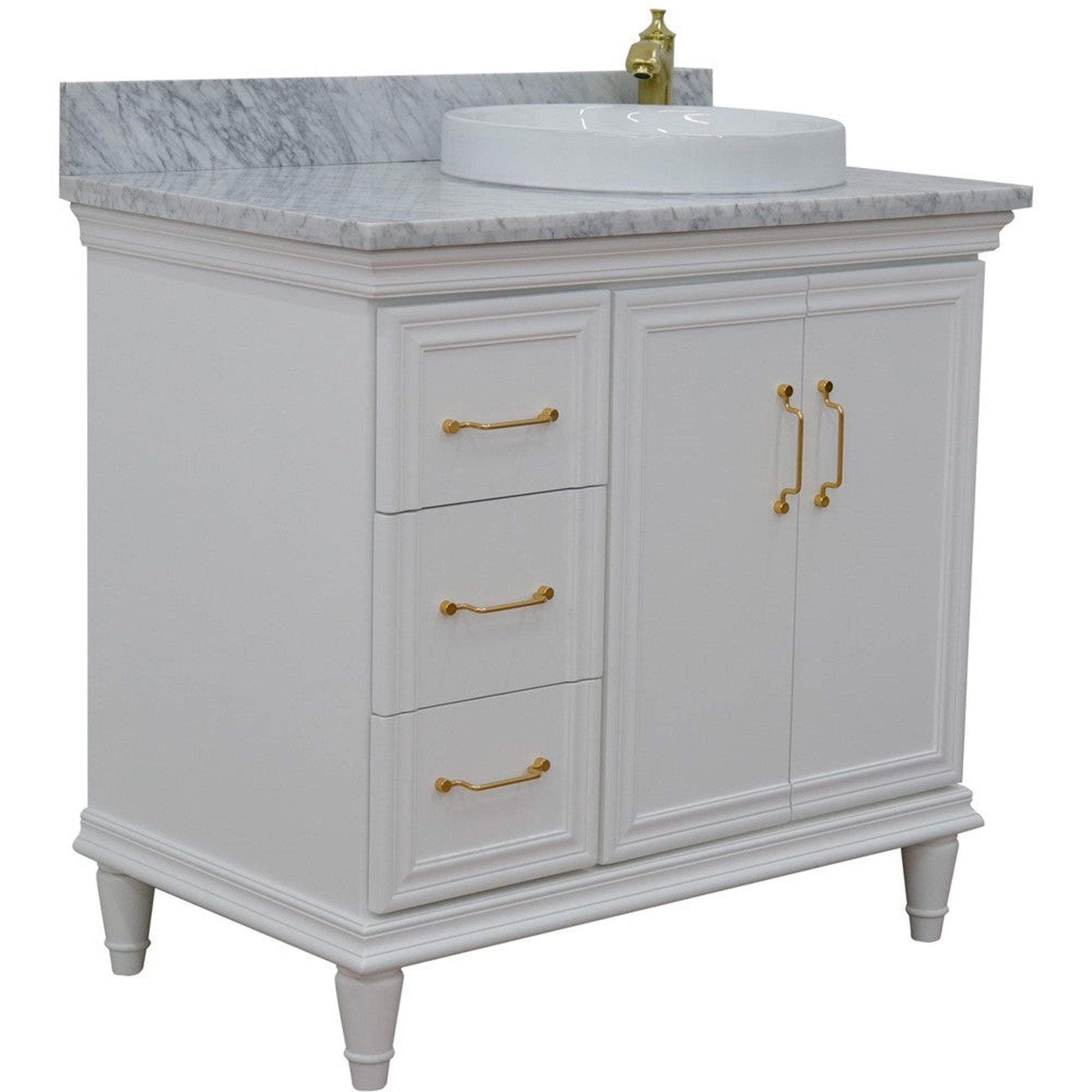 Bellaterra Home Forli 37" 2-Door 3-Drawer White Freestanding Vanity Set With Ceramic Right Offset Vessel Sink and White Carrara Marble Top, and Right Door Cabinet