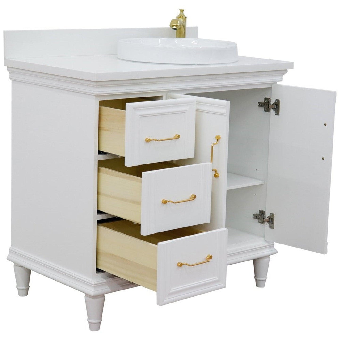 Bellaterra Home Forli 37" 2-Door 3-Drawer White Freestanding Vanity Set With Ceramic Right Offset Vessel Sink and White Quartz Top, and Right Door Cabinet