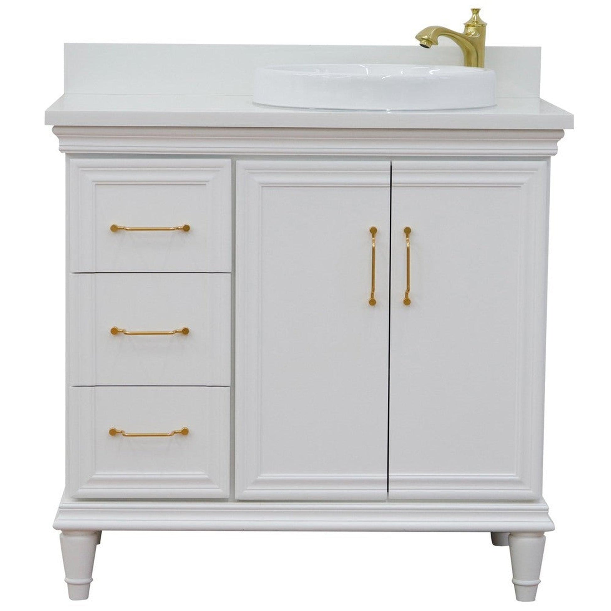 Bellaterra Home Forli 37" 2-Door 3-Drawer White Freestanding Vanity Set With Ceramic Right Offset Vessel Sink and White Quartz Top, and Right Door Cabinet