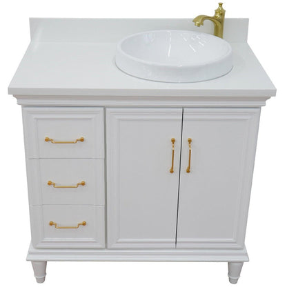 Bellaterra Home Forli 37" 2-Door 3-Drawer White Freestanding Vanity Set With Ceramic Right Offset Vessel Sink and White Quartz Top, and Right Door Cabinet