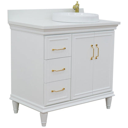 Bellaterra Home Forli 37" 2-Door 3-Drawer White Freestanding Vanity Set With Ceramic Right Offset Vessel Sink and White Quartz Top, and Right Door Cabinet