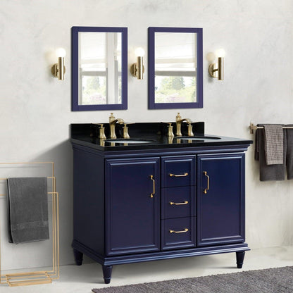 Bellaterra Home Forli 49" 2-Door 3-Drawer Blue Freestanding Vanity Set With Ceramic Double Undermount Oval Sink and Black Galaxy Granite Top