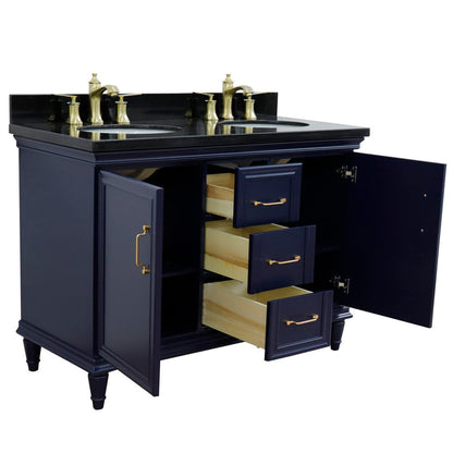 Bellaterra Home Forli 49" 2-Door 3-Drawer Blue Freestanding Vanity Set With Ceramic Double Undermount Oval Sink and Black Galaxy Granite Top