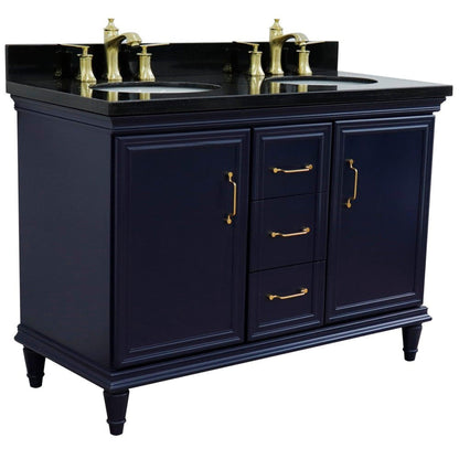 Bellaterra Home Forli 49" 2-Door 3-Drawer Blue Freestanding Vanity Set With Ceramic Double Undermount Oval Sink and Black Galaxy Granite Top