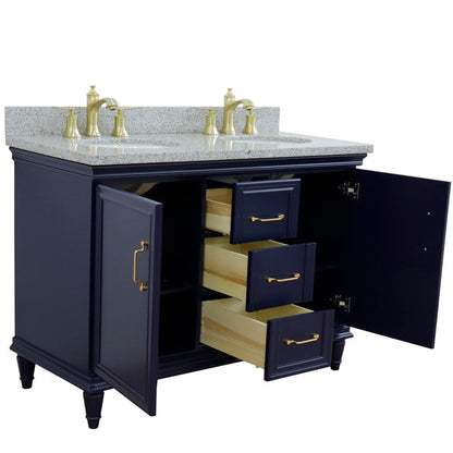 Bellaterra Home Forli 49" 2-Door 3-Drawer Blue Freestanding Vanity Set With Ceramic Double Undermount Oval Sink and Gray Granite Top