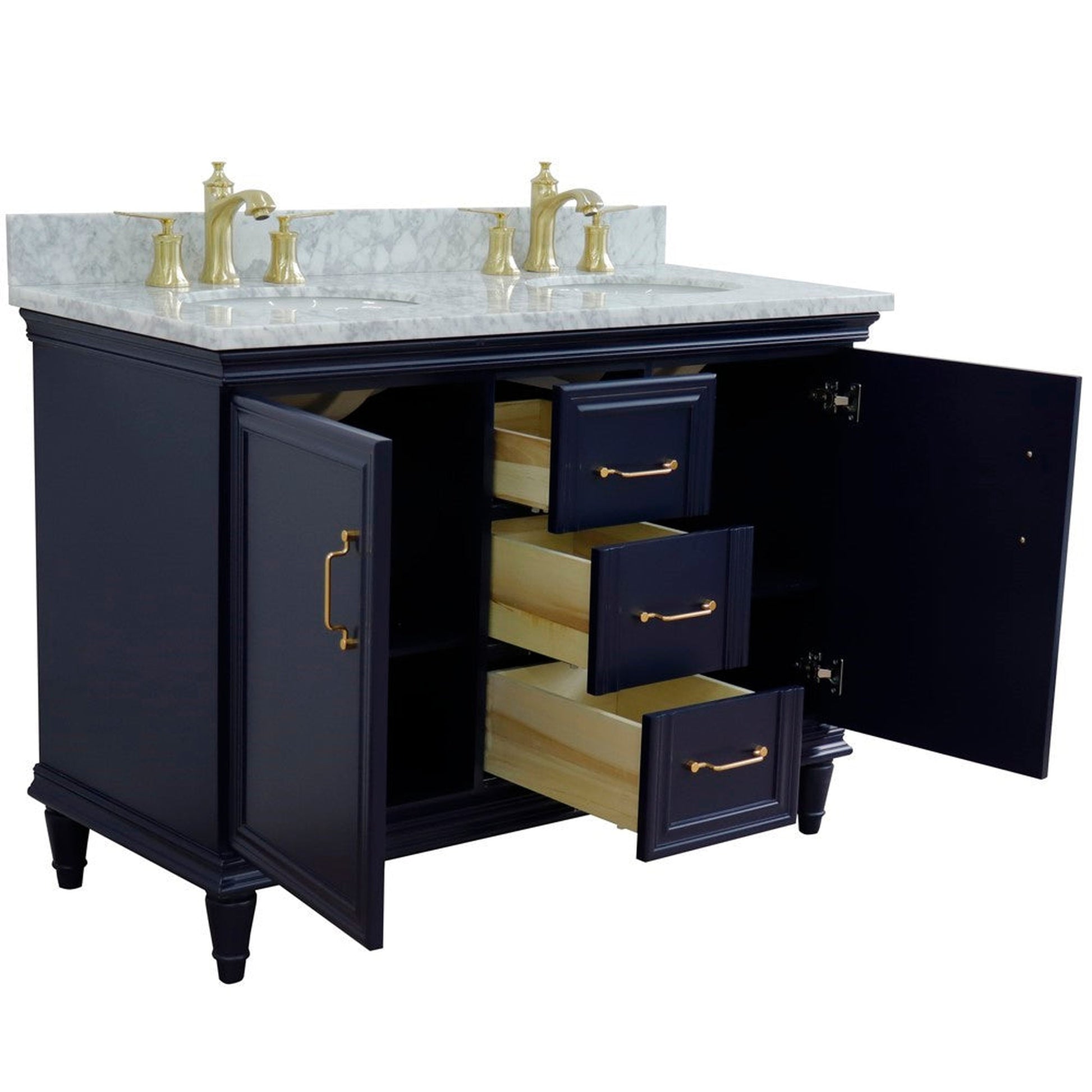 Bellaterra Home Forli 49" 2-Door 3-Drawer Blue Freestanding Vanity Set With Ceramic Double Undermount Oval Sink and White Carrara Marble Top