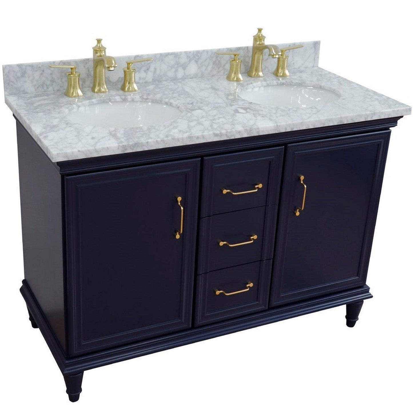 Bellaterra Home Forli 49" 2-Door 3-Drawer Blue Freestanding Vanity Set With Ceramic Double Undermount Oval Sink and White Carrara Marble Top