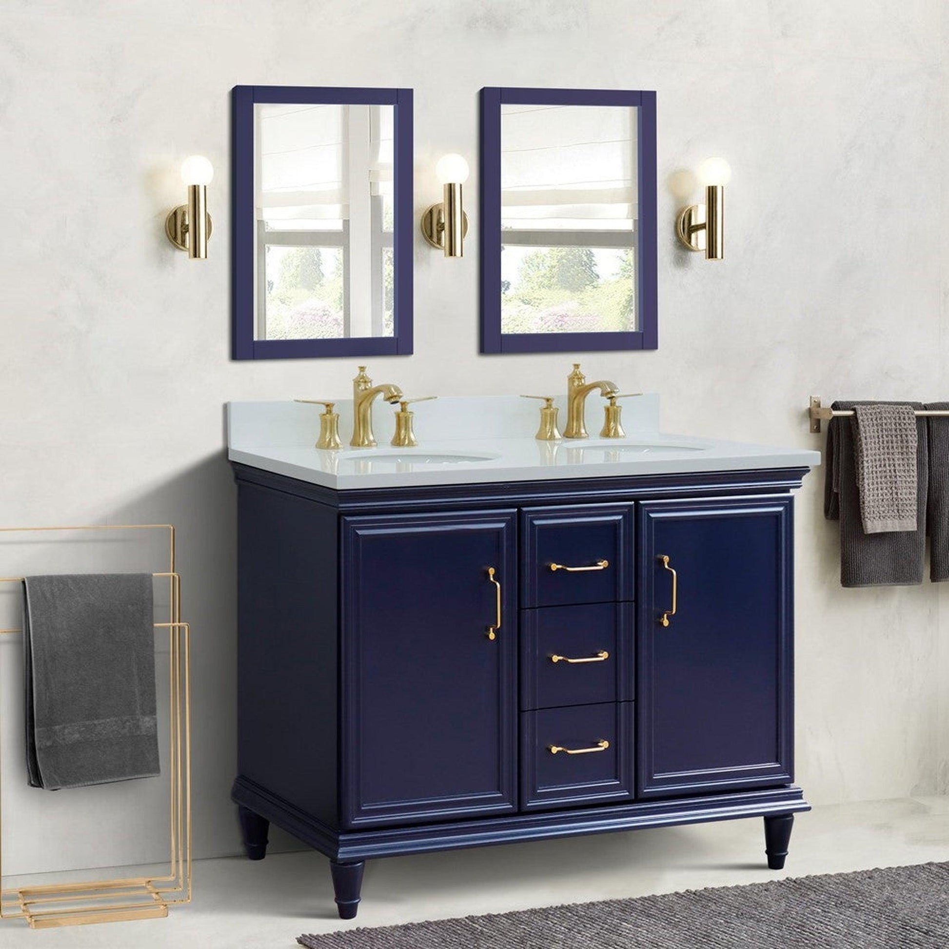 Bellaterra Home Forli 49" 2-Door 3-Drawer Blue Freestanding Vanity Set With Ceramic Double Undermount Oval Sink and White Quartz Top